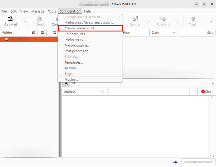 Снимок экрана, показывающий опцию «Создать новую учетную запись...» в Claws Mail.