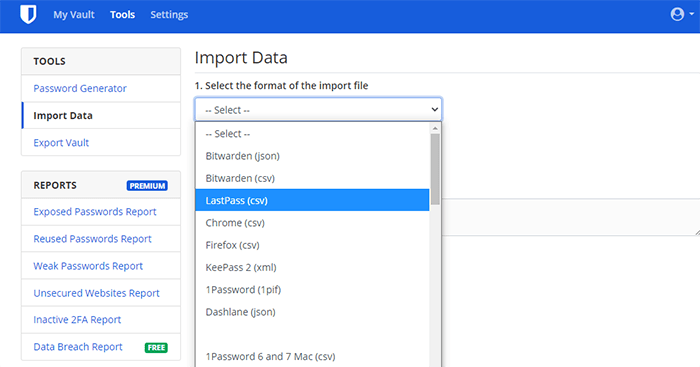 Данные импорта Bitwarden