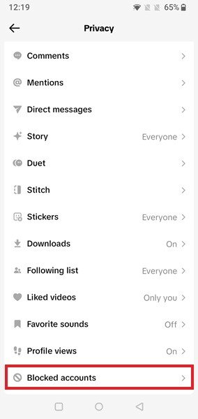 Нажмите «Заблокированные учетные записи» на странице настроек приложения TikTok.