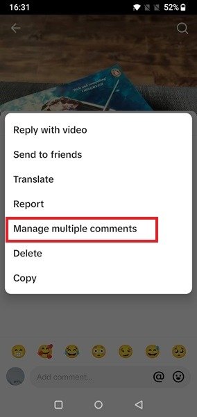 Нажмите «Управление несколькими комментариями» в приложении TikTok.