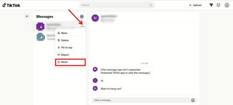 Блокировка кого-либо в личных сообщениях в TikTok на ПК.