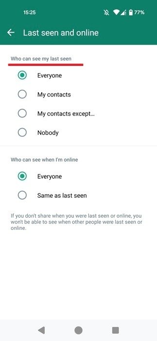 Изменение того, кто может просматривать статус «Последнее посещение» в WhatsApp для Android.