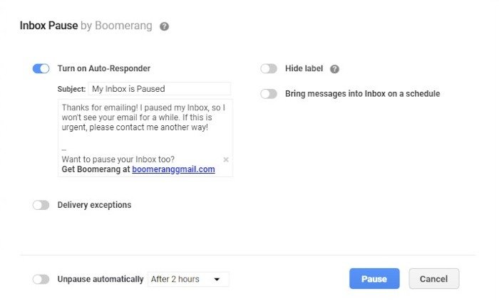 Бумеранг для паузы в почтовом ящике Gmail