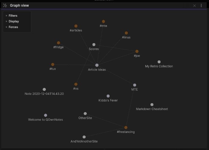 Мозговые заметки с графиком знаний Obsidian с тегами