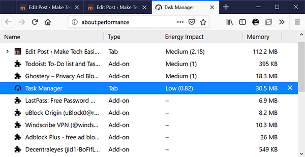 Расширения браузера замедляют диспетчер задач Firefox