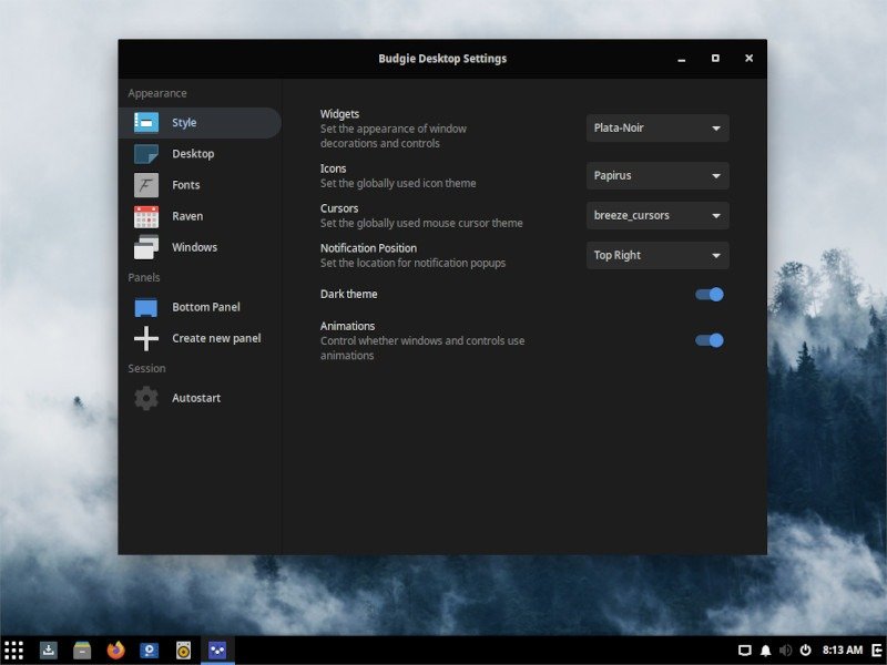 Стиль настроек рабочего стола Budgie