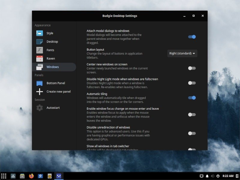 Настройки рабочего стола Budgie Windows