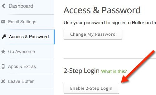 Нажмите кнопку «Включить двухэтапный вход» в Buffer.
