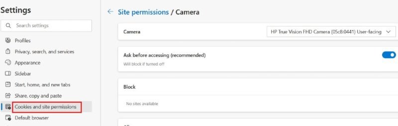 Включение опции «Спрашивать перед доступом» в разделе «Камера» в настройках Edge.