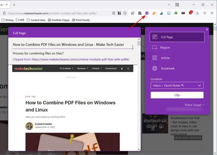 Захват всей страницы Onenote Clipper