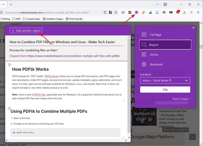 Захват региона Onenote Clipper