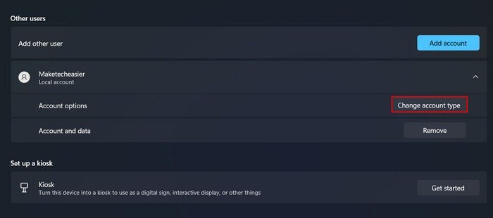 Нажмите кнопку «Изменить тип учетной записи» в разделе «Другие пользователи» в настройках.
