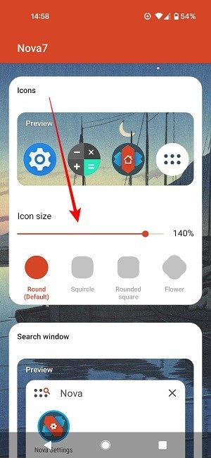 Изменить размер значка приложения Предварительный просмотр Nova Launcher