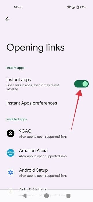Включение «Мгновенных приложений» переключается в разделе «Открытие ссылок на устройстве Android».