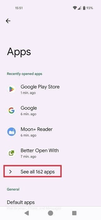 Нажмите кнопку «Просмотреть все приложения» в разделе «Приложения» в настройках Android.