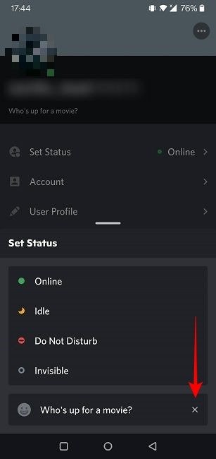 Изменить статус Discord Mobile Удалить пользовательский статус