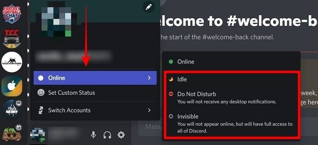 Изменить статус Discord. Выбор ПК из опций.