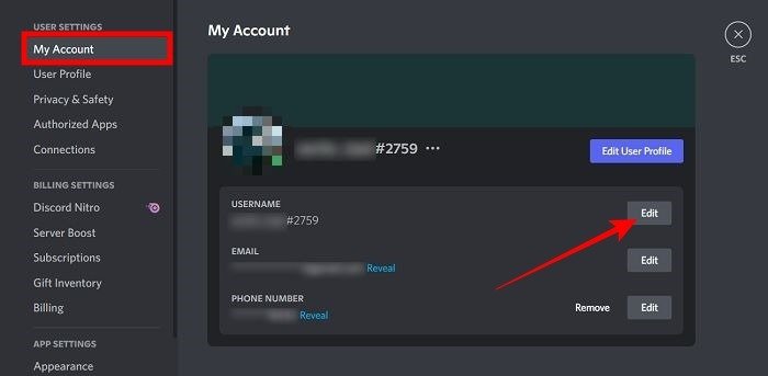 Изменить имя пользователя Discord Моя учетная запись Редактировать