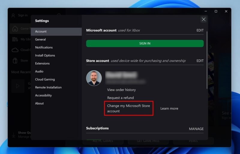 Изменить мою учетную запись Microsoft Store в приложении Xbox