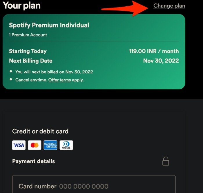 Изменить план платежей Spotify