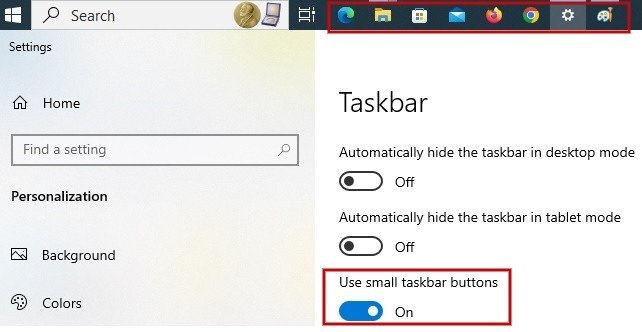 Активация опции «Использовать маленькие кнопки панели задач» в настройках Windows 10.