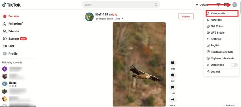 Нажав кнопку «Просмотреть профиль» в TikTok на ПК.