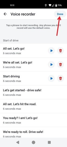 Нажатие кнопки «Готово» в списке записанных фраз в приложении Waze.