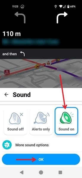Переключение на «Звук включен» на экране навигации приложения Waze.