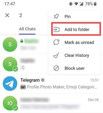Опция «Добавить в папку» в Telegram для мобильных устройств.