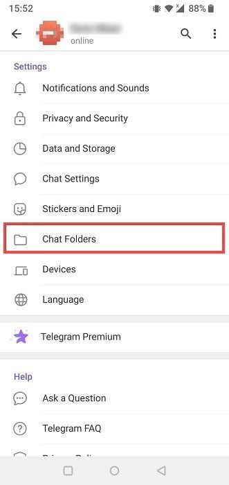 Опция «Папки чата» в приложении Telegram.