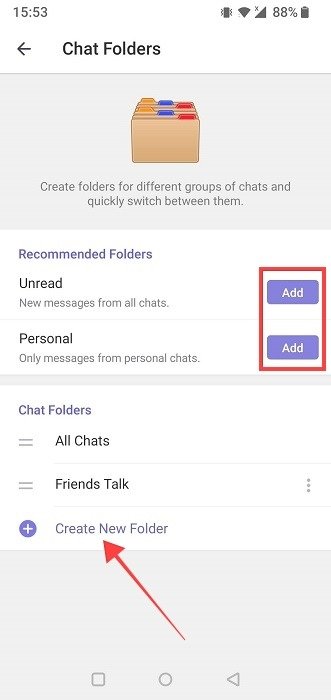 Кнопка «Создать новую папку» в приложении Telegram.
