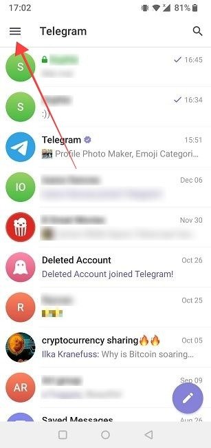 Гамбургер-меню в приложении Telegram.