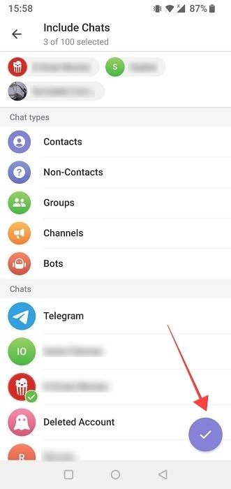 Добавьте включенные чаты в папку Telegram для мобильных устройств.