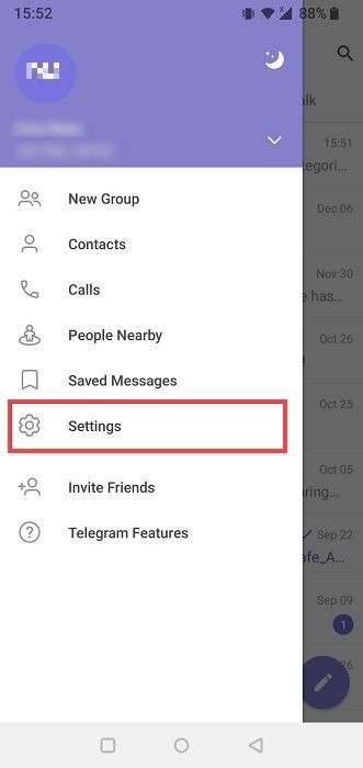 Параметры настроек в приложении Telegram.