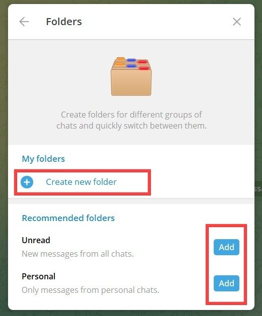 Опция «Создать новую папку» в Telegram для ПК.