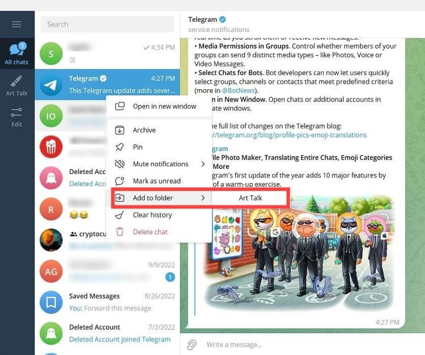 Опция «Добавить в папку» в Telegram для ПК.