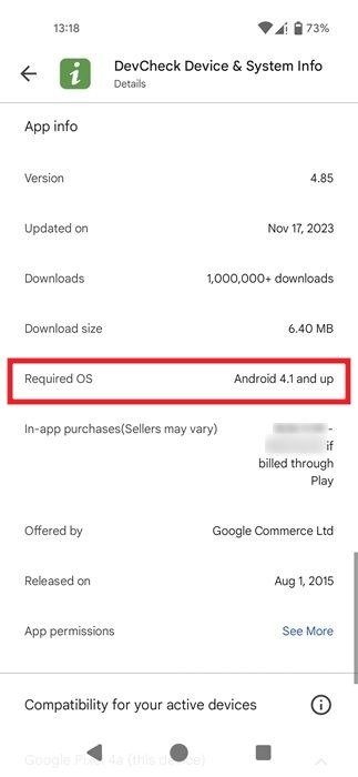 Проверка поля «Требуемая ОС» на странице «Информация о приложении» в Google Play Store.