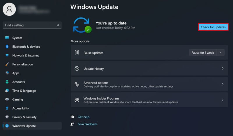 Проверьте наличие обновлений в Windows
