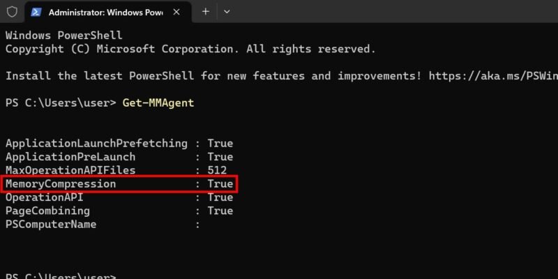 Проверка состояния сжатия памяти в Windows PowerShell