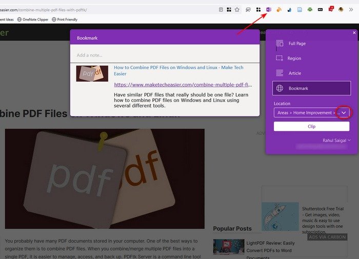 Выберите раздел Onenote для сохранения вырезанной информации 1