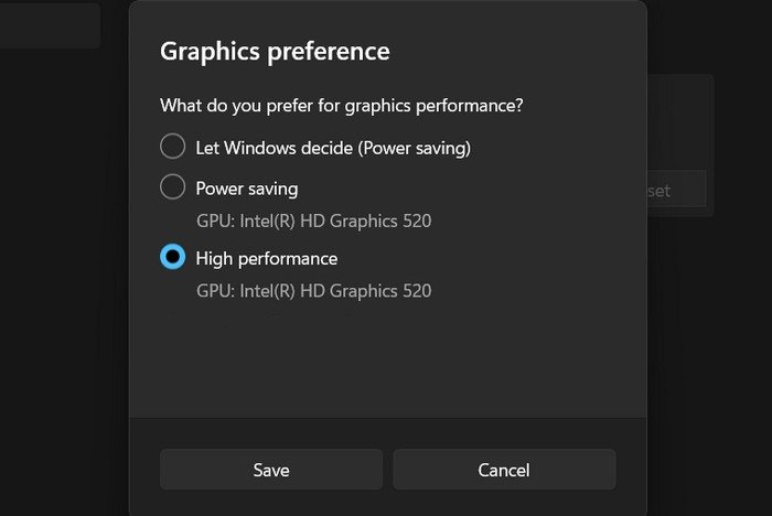 Параметр «Высокая производительность» в окне «Настройки графики» в Windows 11.