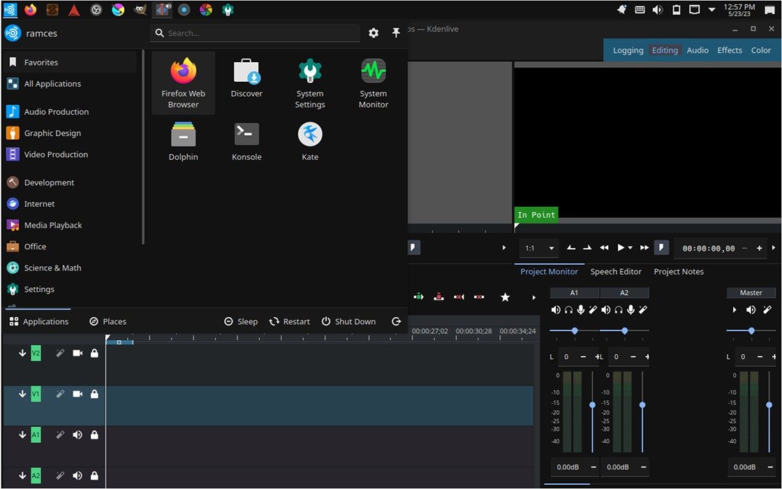 Снимок экрана, показывающий Ubuntu Studio, на которой работает Kdenlive.