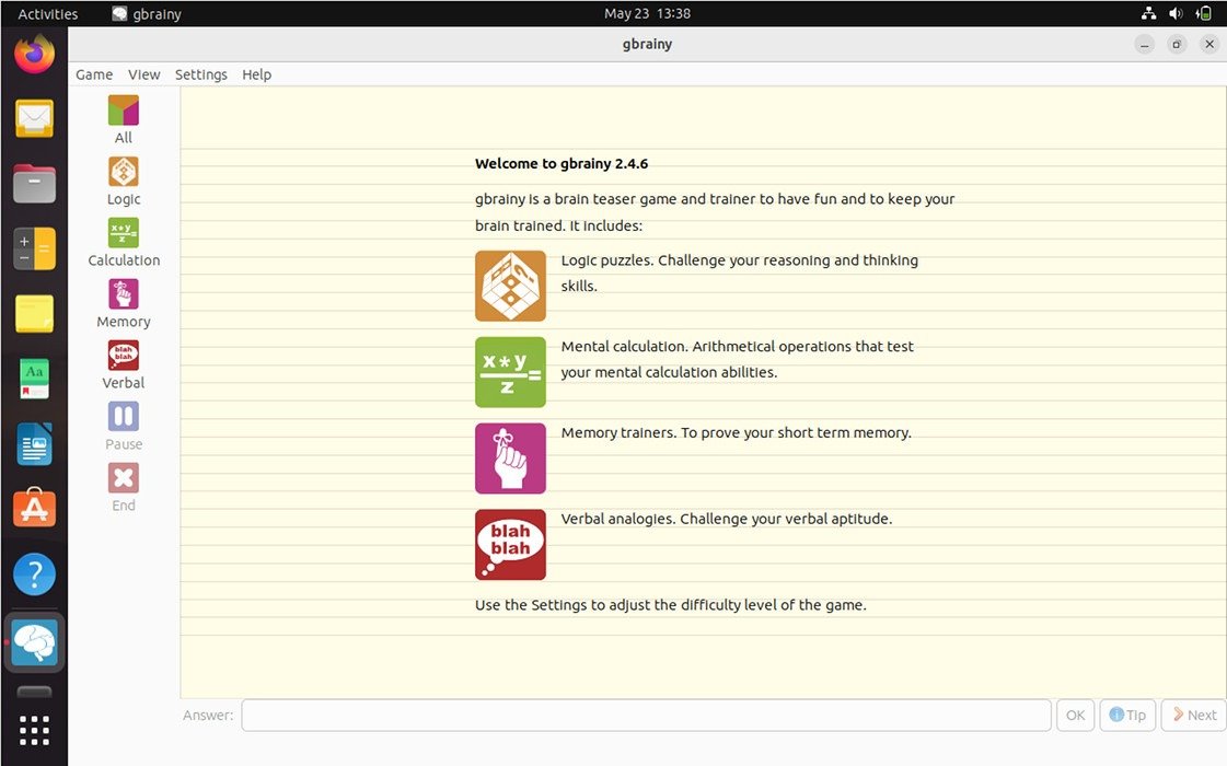 Снимок экрана, показывающий работу gBrainy в Edubuntu.