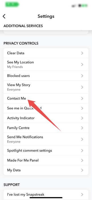 Нажатие на опцию «Свяжитесь со мной» в настройках Snapchat.