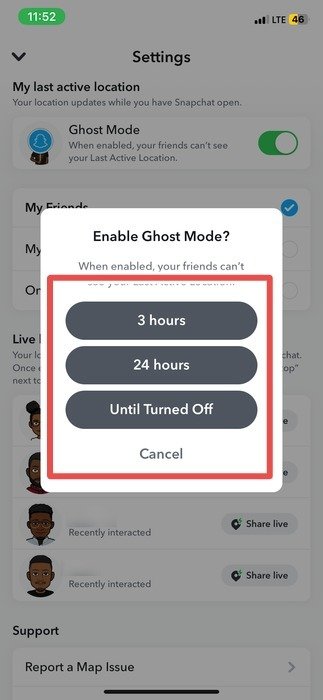 Выбор продолжительности режима призрака в Snapchat
