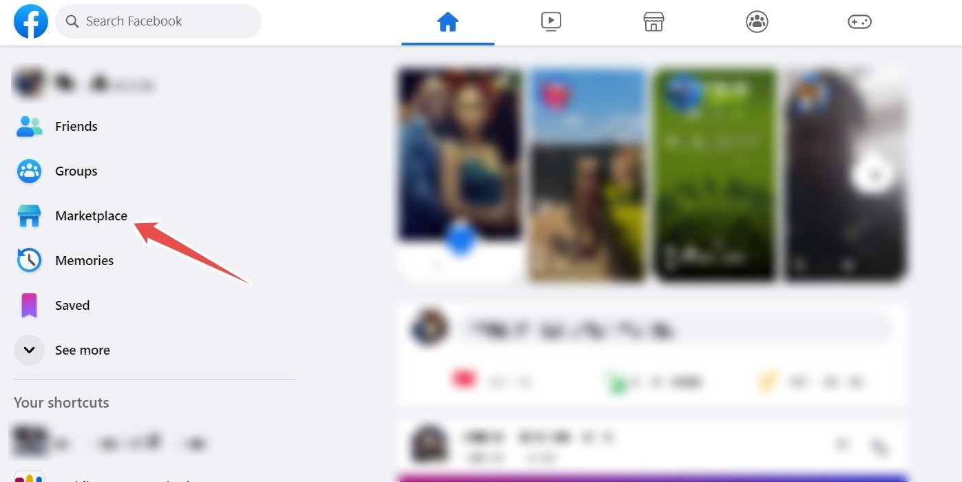 Выбор опции Marketplace в левом меню на веб-сайте Facebook