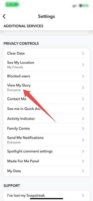 Выбор опции «Просмотреть мою историю» в настройках Snapchat.