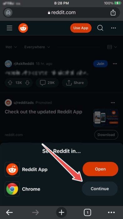 Выбор продолжения использования Reddit в приложении Chrome