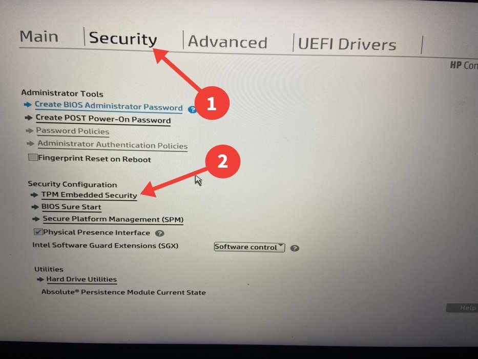 Выбор «Встроенная безопасность TPM» на вкладке «Безопасность» UEFI BIOS.