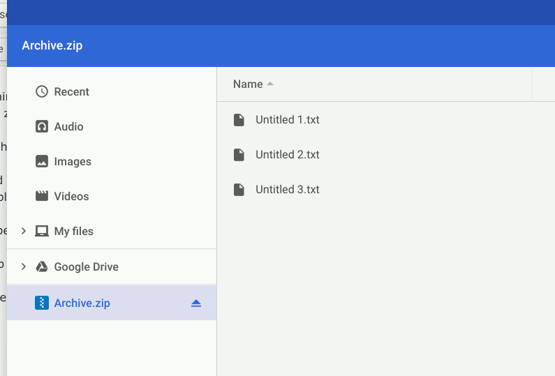 ZIP-файл, смонтированный в приложении Chrome Files